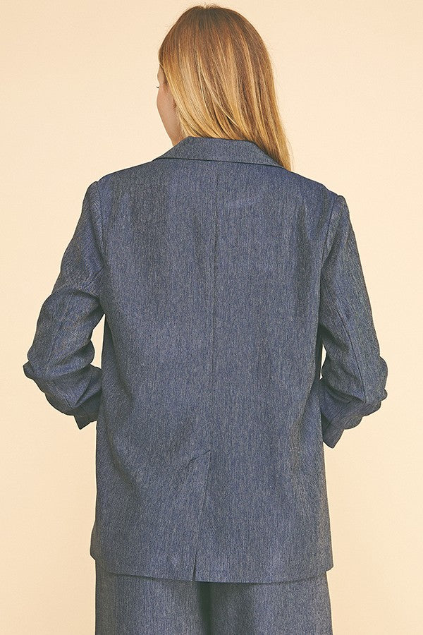 Cationic Faux Denim Ruched Sleeve Open Front Long Blazer