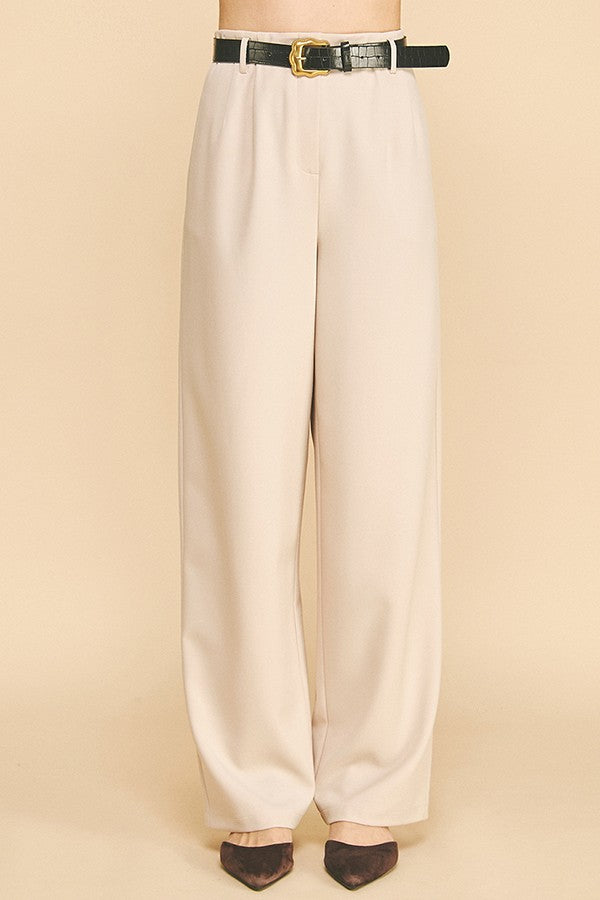 Twill Leather Belted Wide Leg Trousers