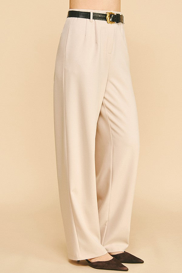 Twill Leather Belted Wide Leg Trousers