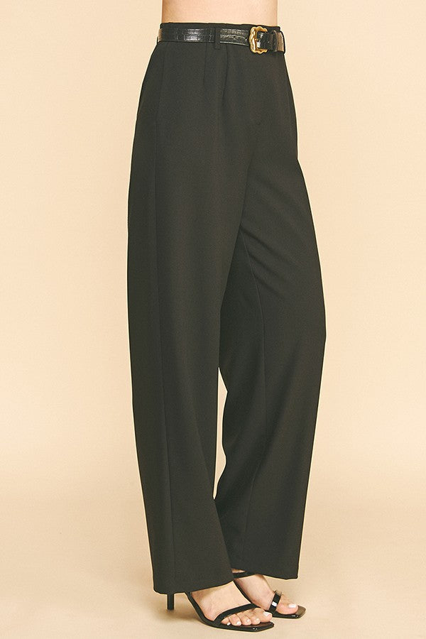 Twill Leather Belted Wide Leg Trousers