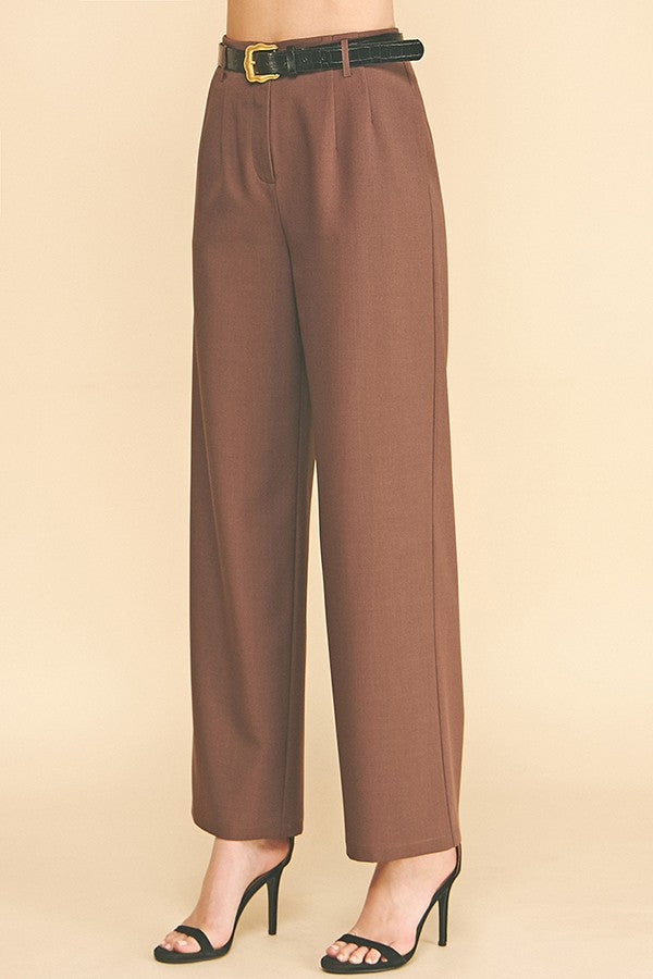 Twill Leather Belted Wide Leg Trousers