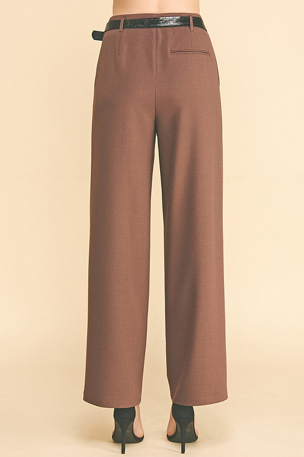 Twill Leather Belted Wide Leg Trousers