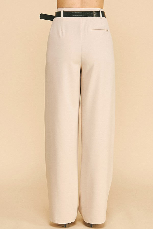 Twill Leather Belted Wide Leg Trousers