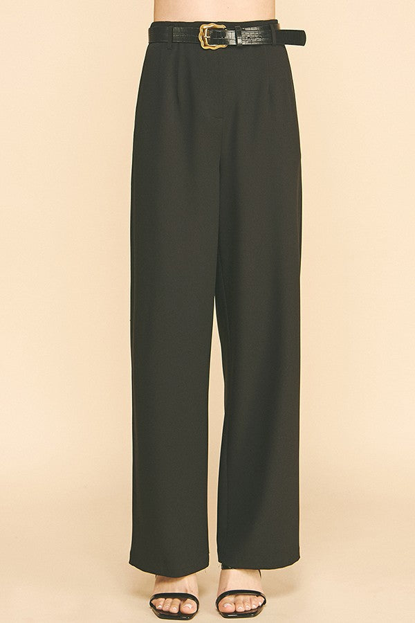 Twill Leather Belted Wide Leg Trousers