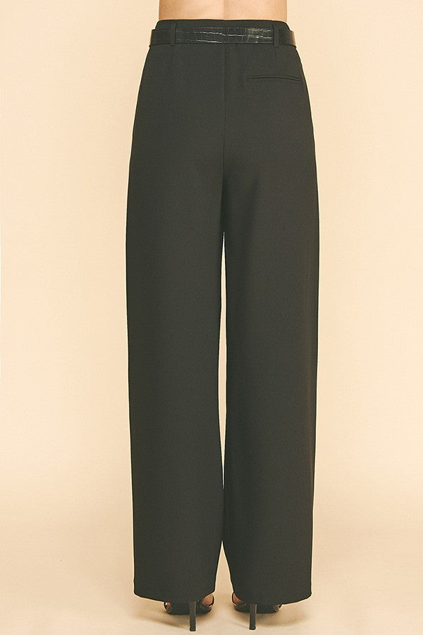 Twill Leather Belted Wide Leg Trousers