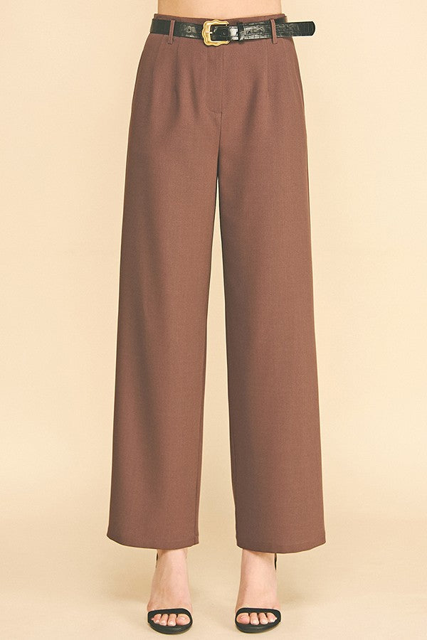 Twill Leather Belted Wide Leg Trousers