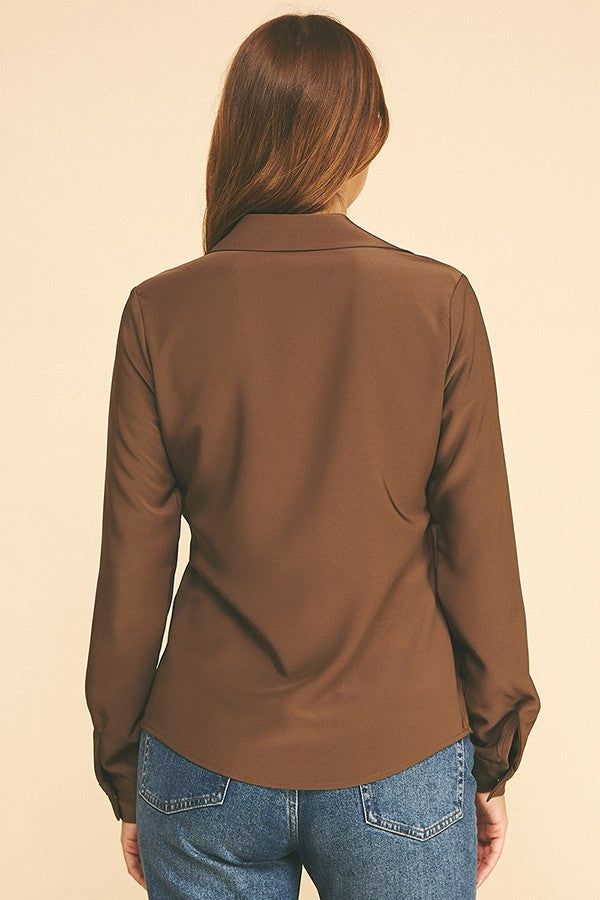Pastel Ponte Gold Button Open Collar Dress Shirt Blouse Top