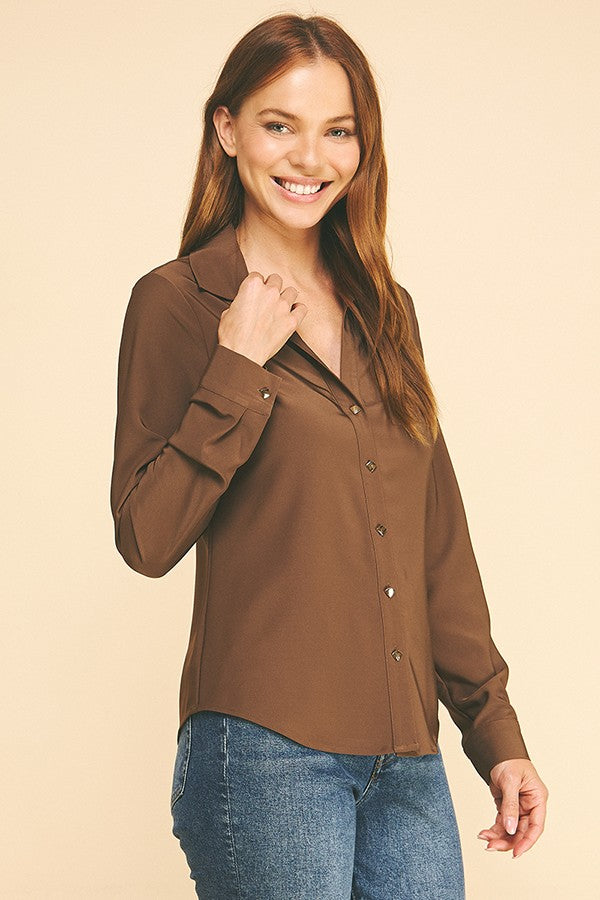 Pastel Ponte Gold Button Open Collar Dress Shirt Blouse Top