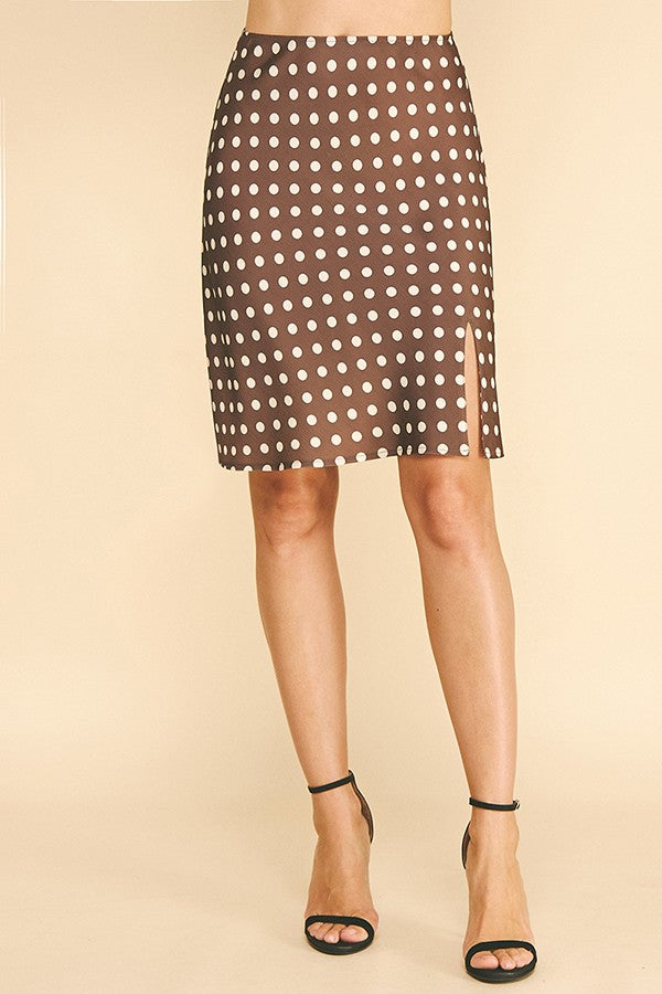Polka Dot Charmeuse Side Slit Pencil Skirt