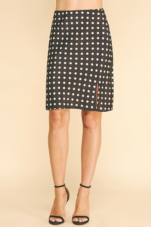 Polka Dot Charmeuse Side Slit Pencil Skirt