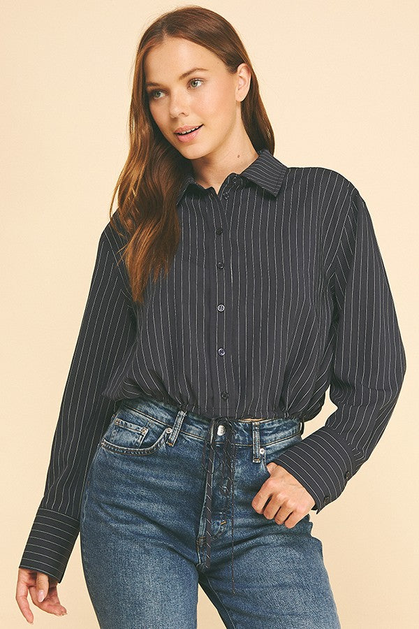 Pinstriped Twill Drawstring Tie Hem Dress Shirt Blouse