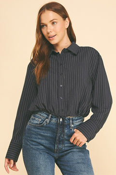 Pinstriped Twill Drawstring Tie Hem Dress Shirt Blouse