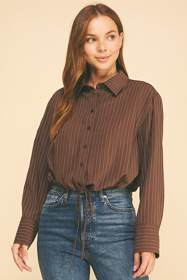 Pinstriped Twill Drawstring Tie Hem Dress Shirt Blouse
