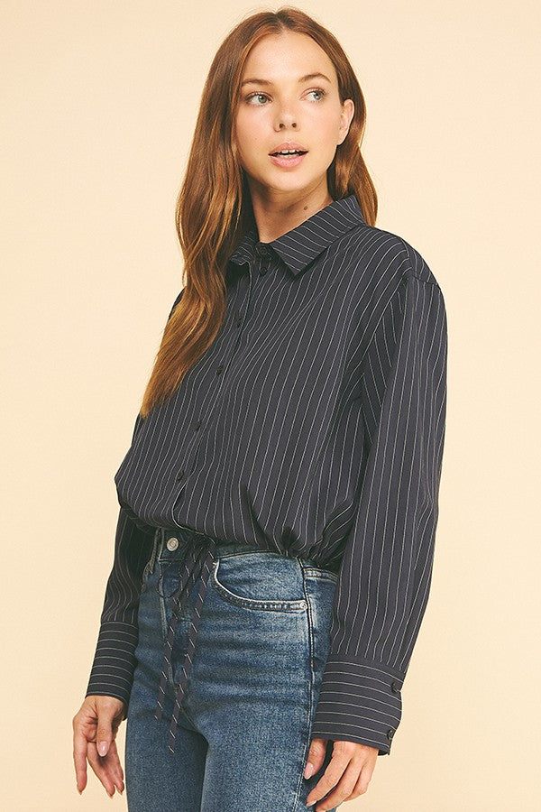 Pinstriped Twill Drawstring Tie Hem Dress Shirt Blouse