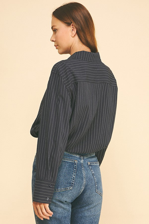 Pinstriped Twill Drawstring Tie Hem Dress Shirt Blouse