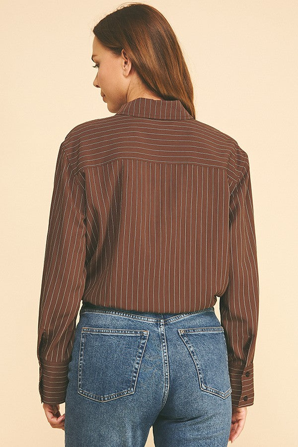 Pinstriped Twill Drawstring Tie Hem Dress Shirt Blouse