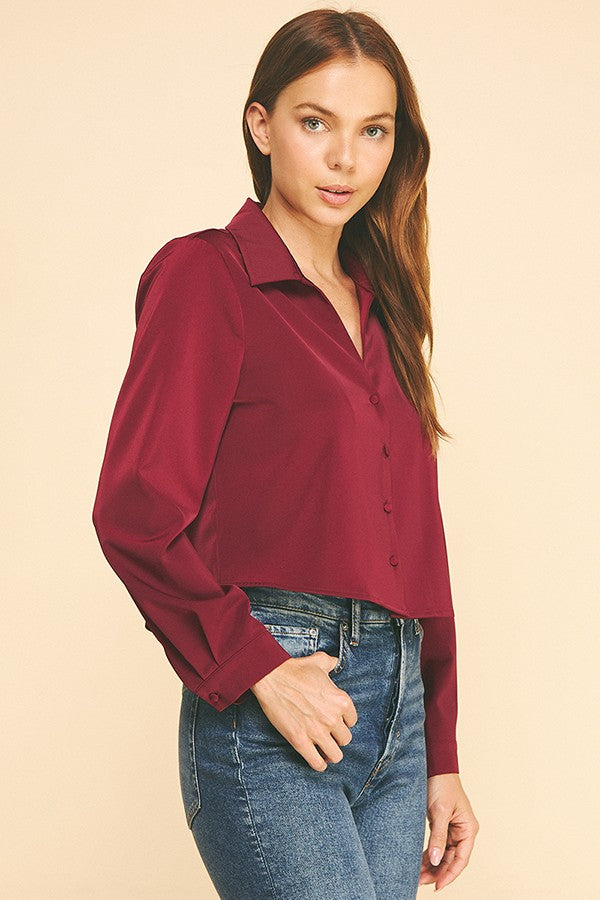 Satin Cropped Buttonless Collar Shirt