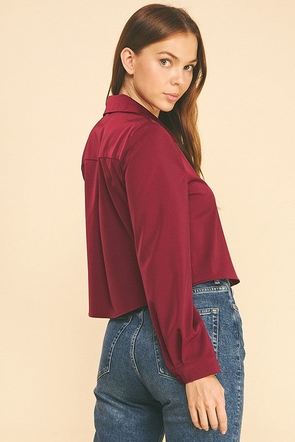 Satin Cropped Buttonless Collar Shirt