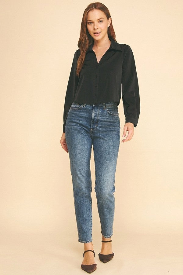Satin Cropped Buttonless Collar Shirt