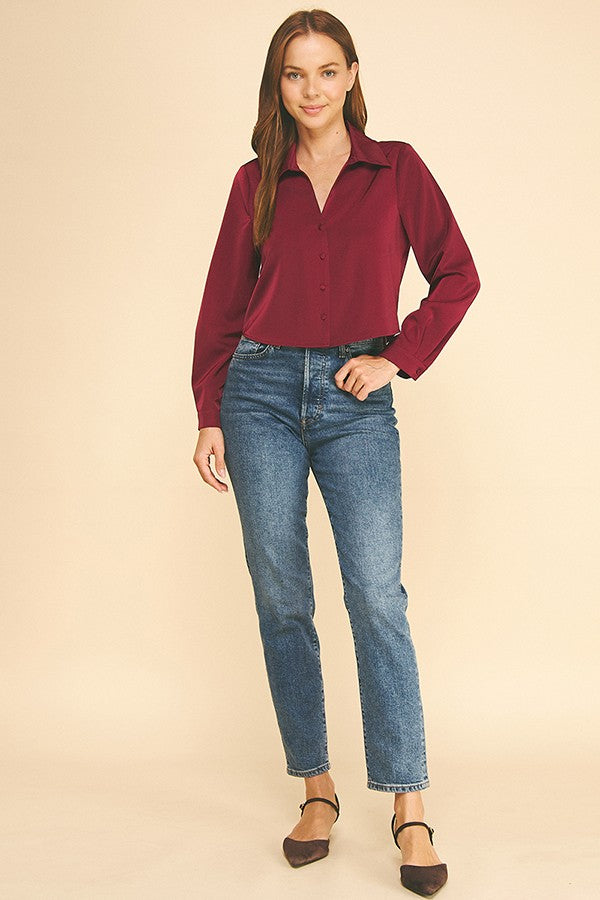 Satin Cropped Buttonless Collar Shirt
