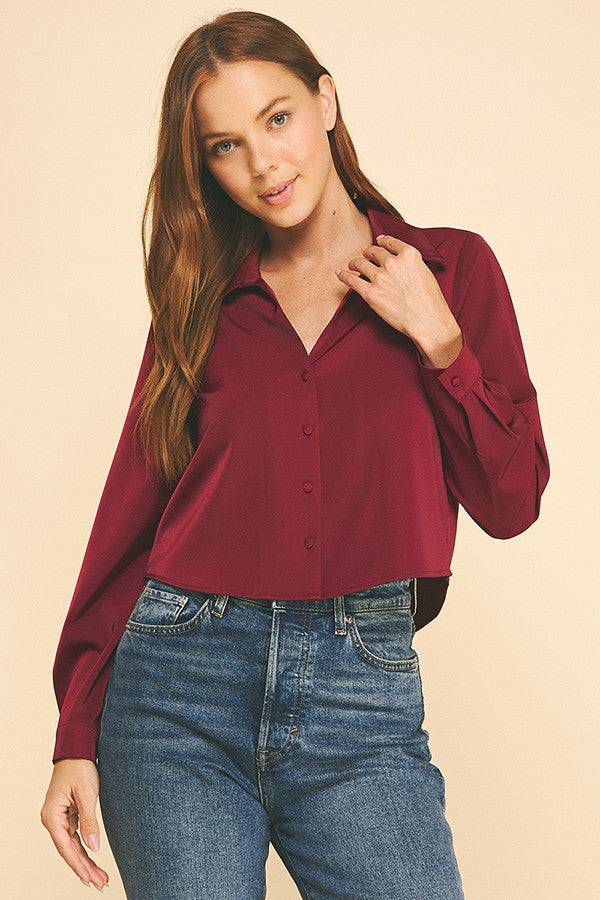 Satin Cropped Buttonless Collar Shirt
