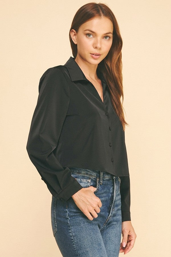 Satin Cropped Buttonless Collar Shirt
