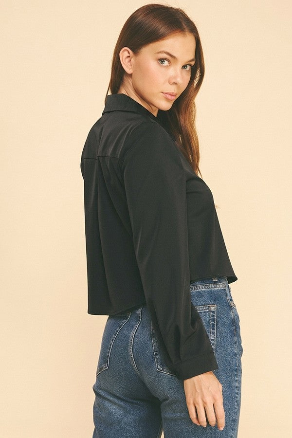 Satin Cropped Buttonless Collar Shirt
