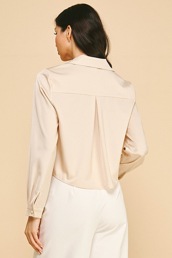 Satin Cropped Buttonless Collar Shirt