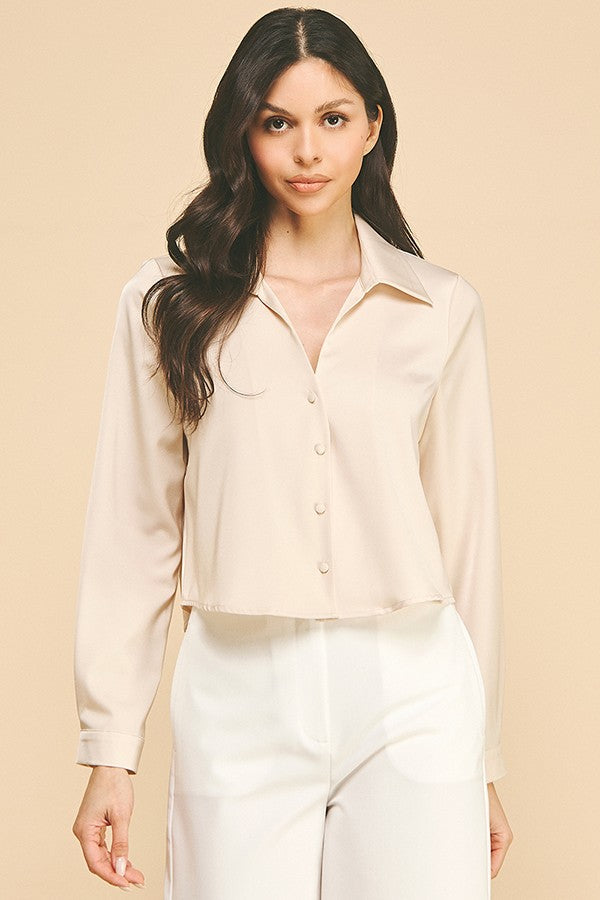 Satin Cropped Buttonless Collar Shirt