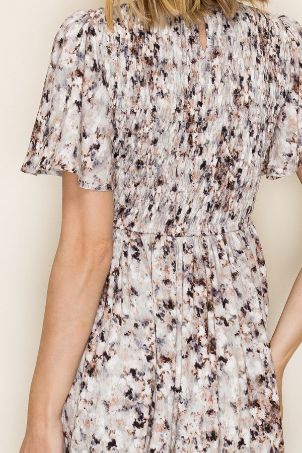 Abstract Print Smocked Midi Dress