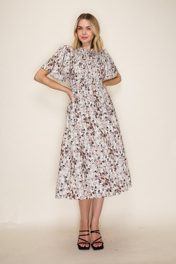 Abstract Print Smocked Midi Dress
