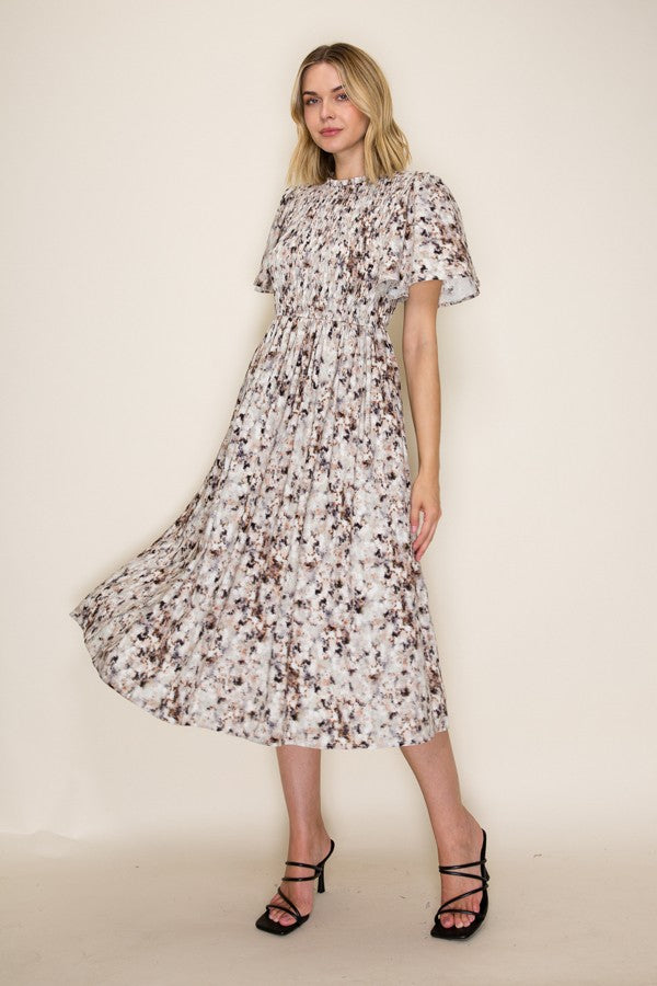 Abstract Print Smocked Midi Dress