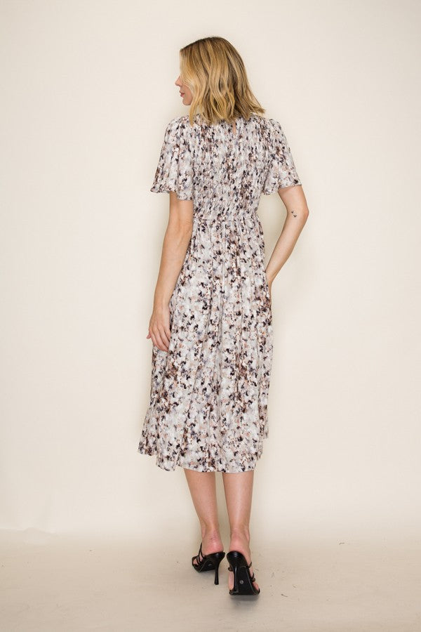 Abstract Print Smocked Midi Dress