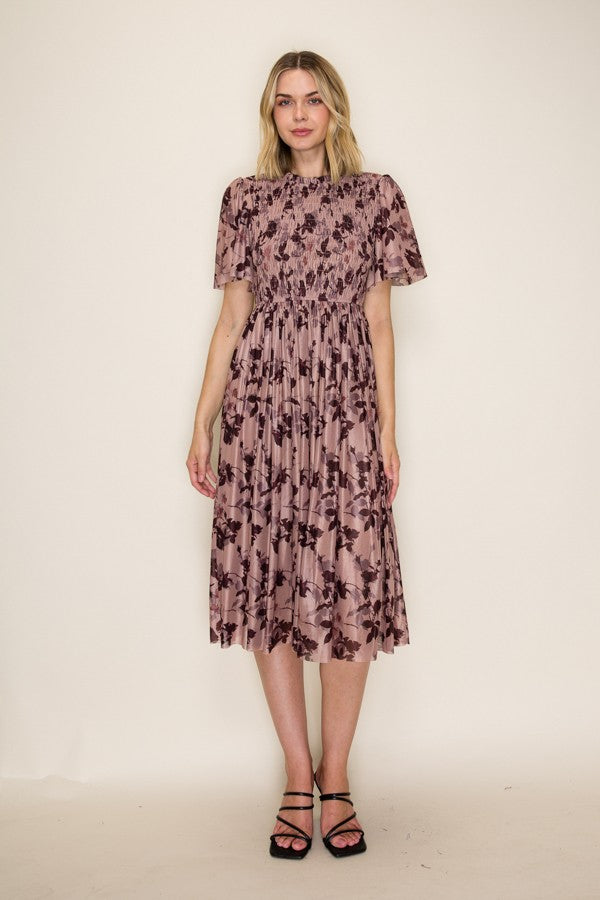 Floral Smocked Mesh Midi Dress
