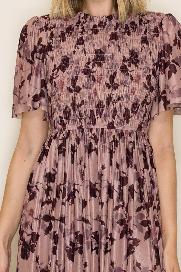 Floral Smocked Mesh Midi Dress