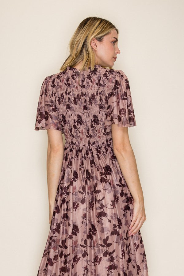 Floral Smocked Mesh Midi Dress