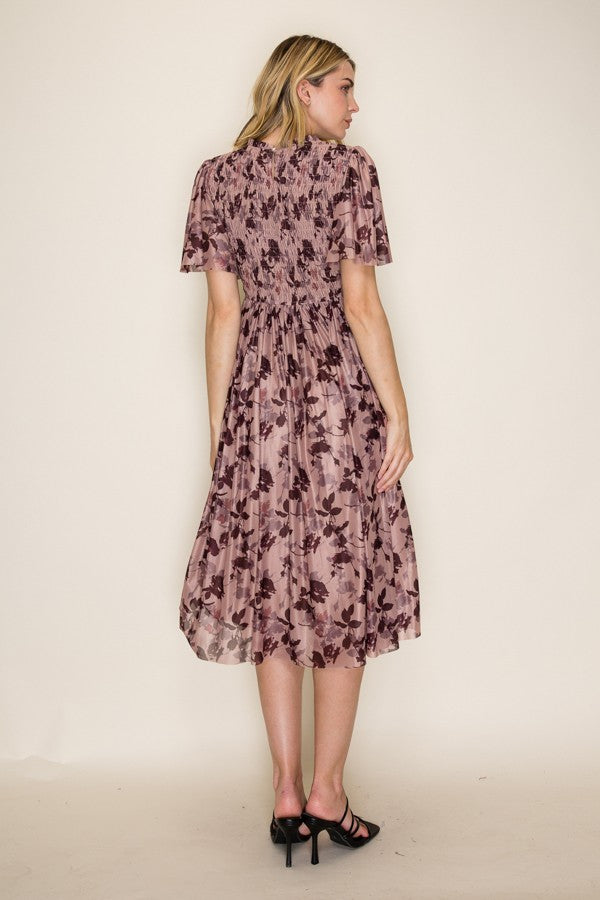 Floral Smocked Mesh Midi Dress