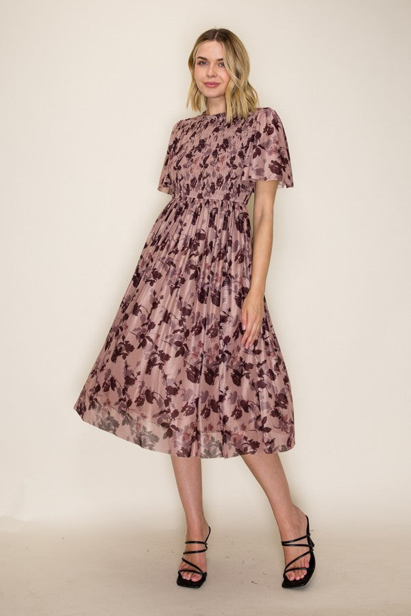 Floral Smocked Mesh Midi Dress