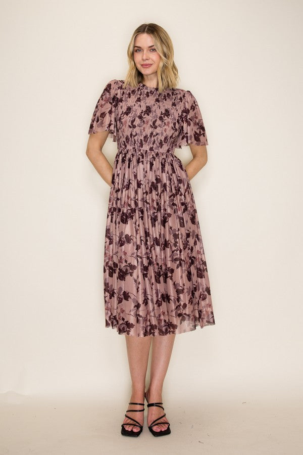 Floral Smocked Mesh Midi Dress