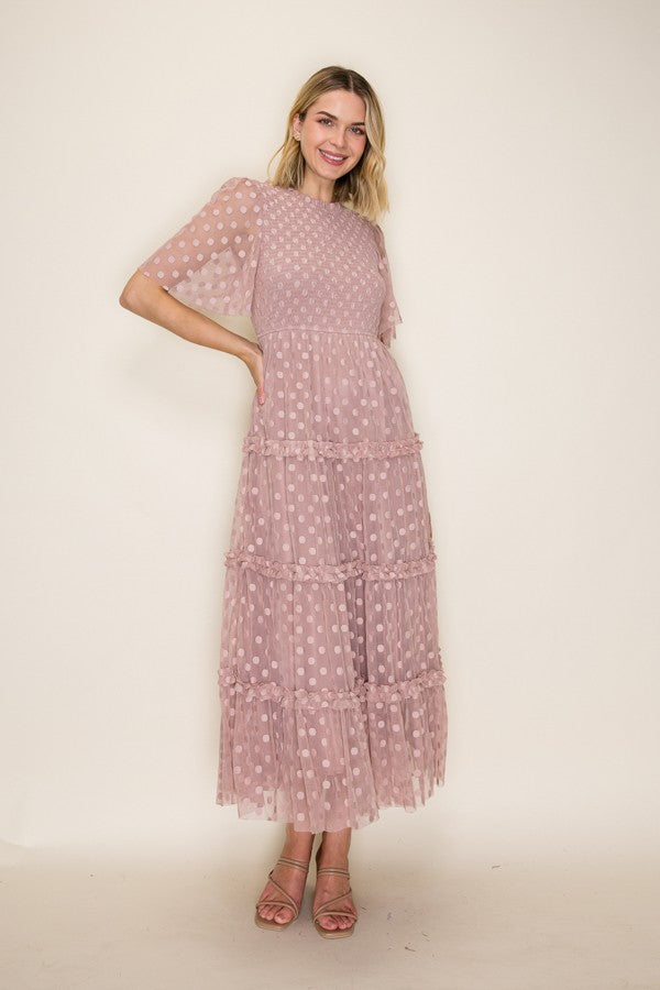 Dotted Mesh Smocked Ruffle Tiered Midi Dress
