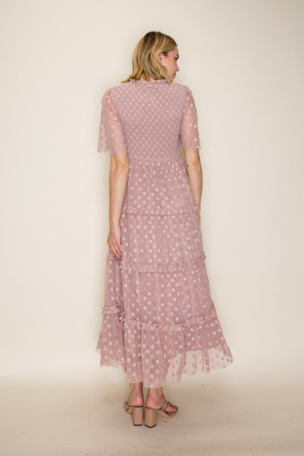 Dotted Mesh Smocked Ruffle Tiered Midi Dress