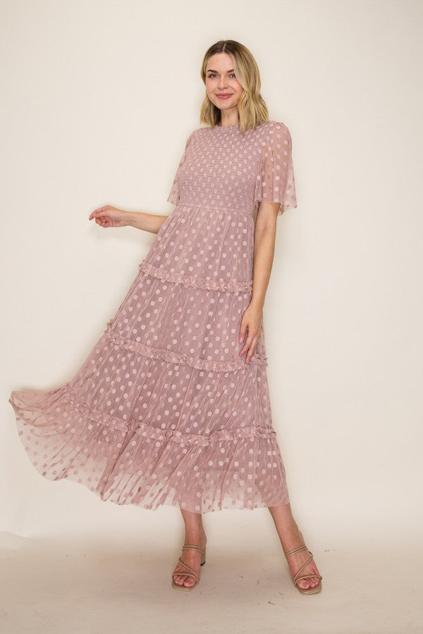 Dotted Mesh Smocked Ruffle Tiered Midi Dress