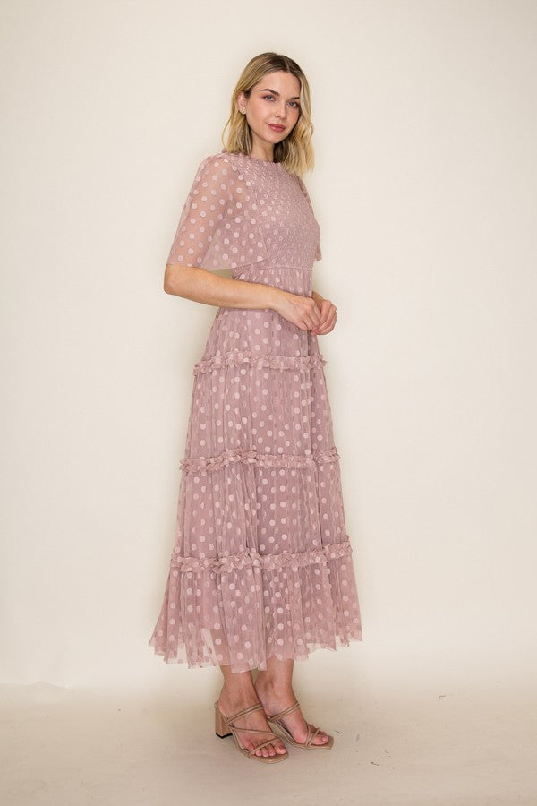 Dotted Mesh Smocked Ruffle Tiered Midi Dress