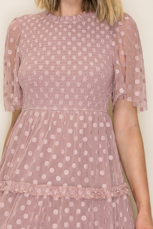 Dotted Mesh Smocked Ruffle Tiered Midi Dress