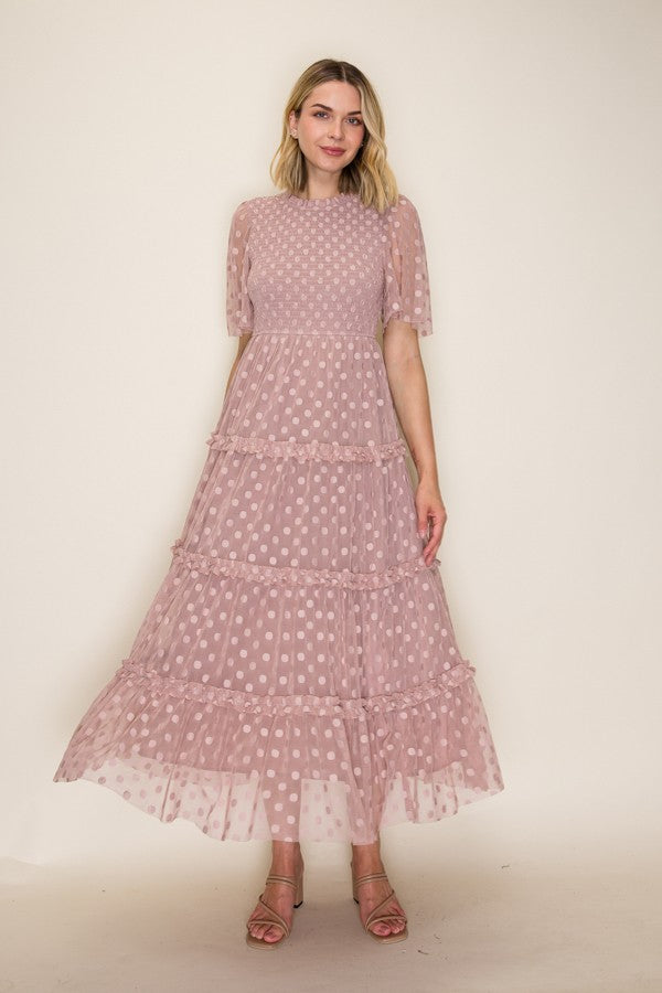 Dotted Mesh Smocked Ruffle Tiered Midi Dress