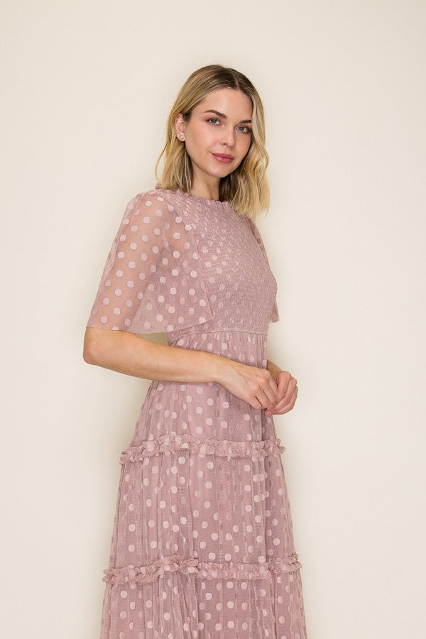 Dotted Mesh Smocked Ruffle Tiered Midi Dress