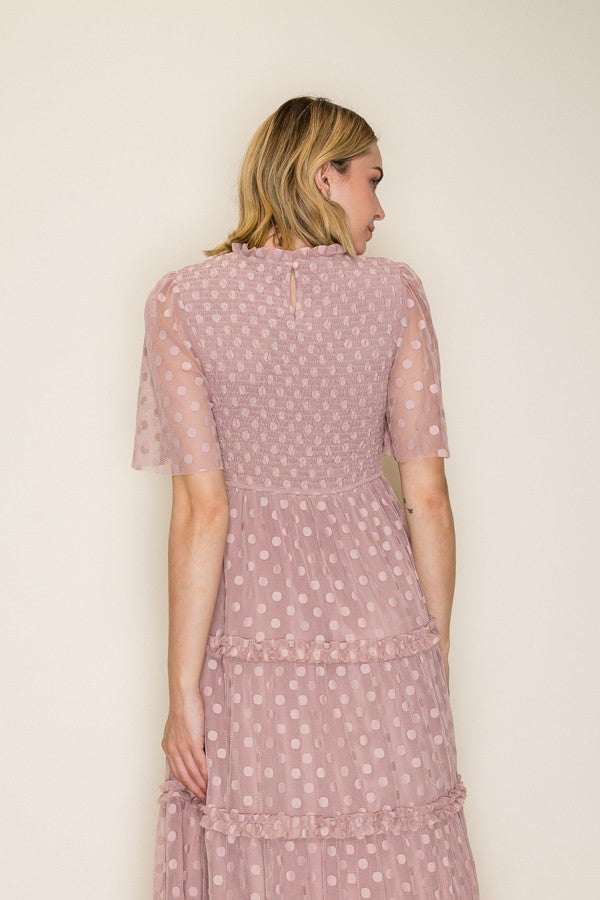 Dotted Mesh Smocked Ruffle Tiered Midi Dress