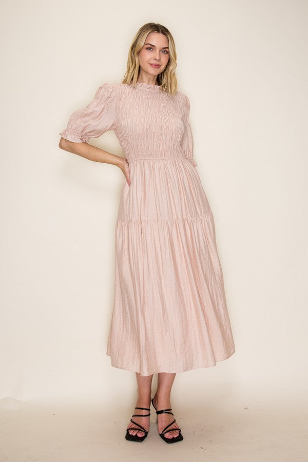 Smocked Ruffle Neck Midi Dress