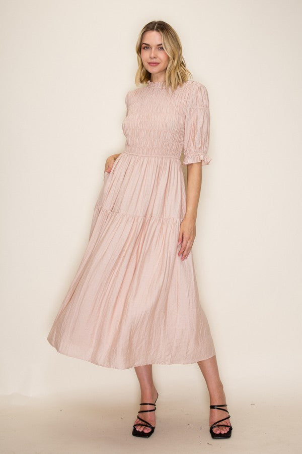 Smocked Ruffle Neck Midi Dress