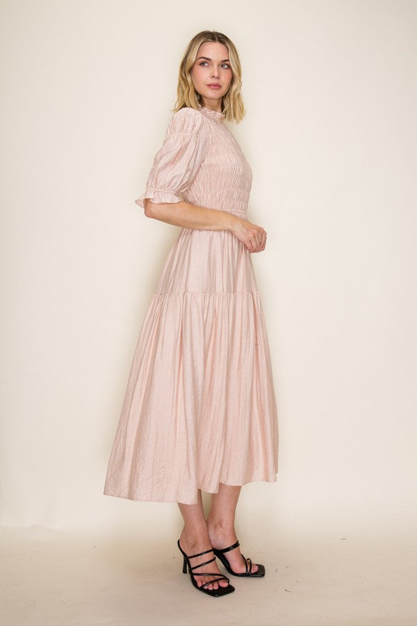 Smocked Ruffle Neck Midi Dress